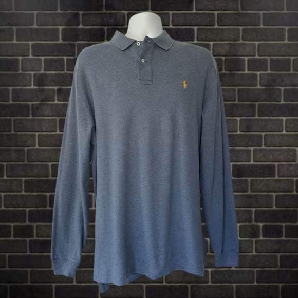 Polo Ralph Lauren Long Sleeve Polo Shirt Men’s Size- Large Blue Cotton Gold Pony - Picture 1 of 9